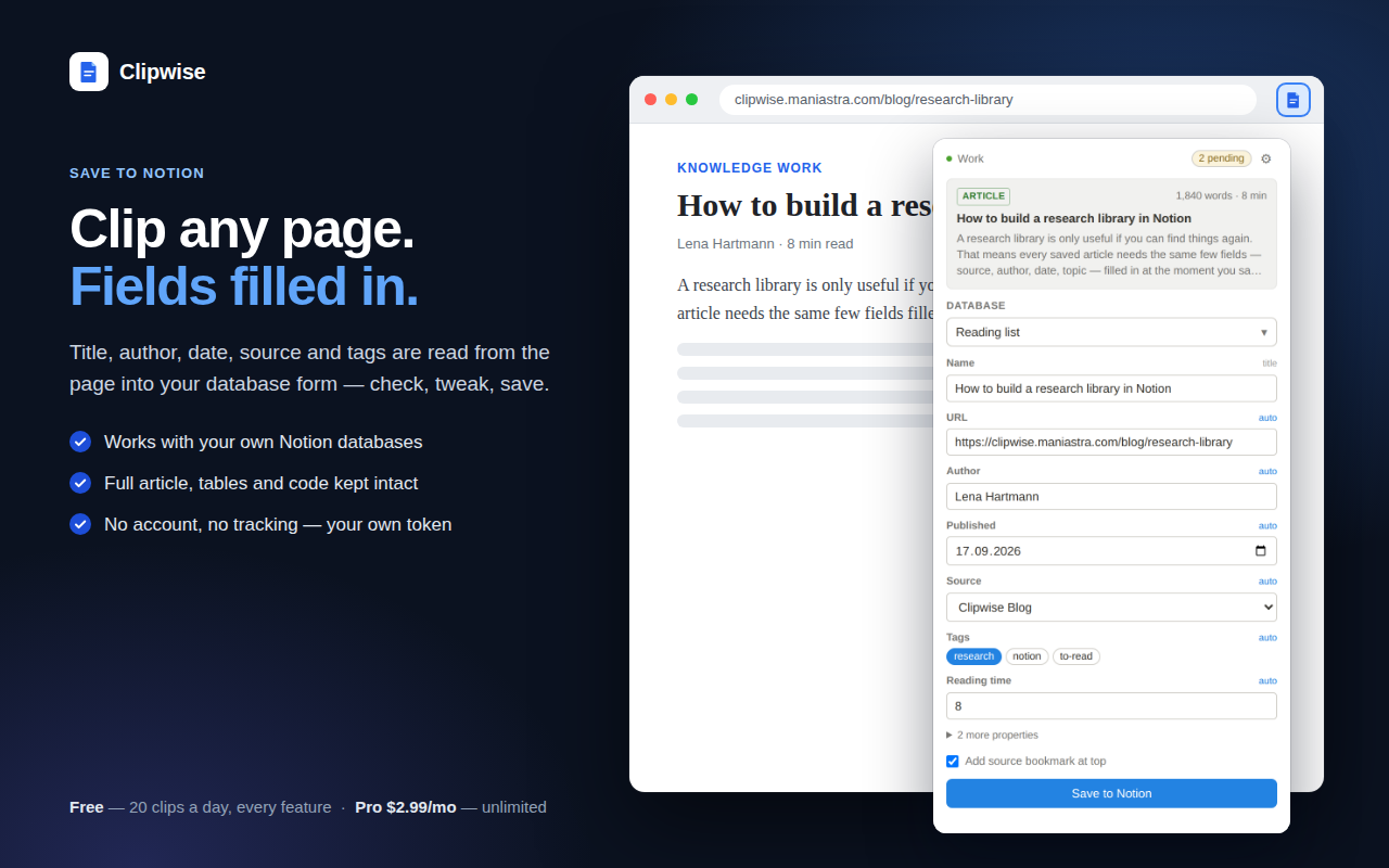 Clipping an article with the pre-save property form open