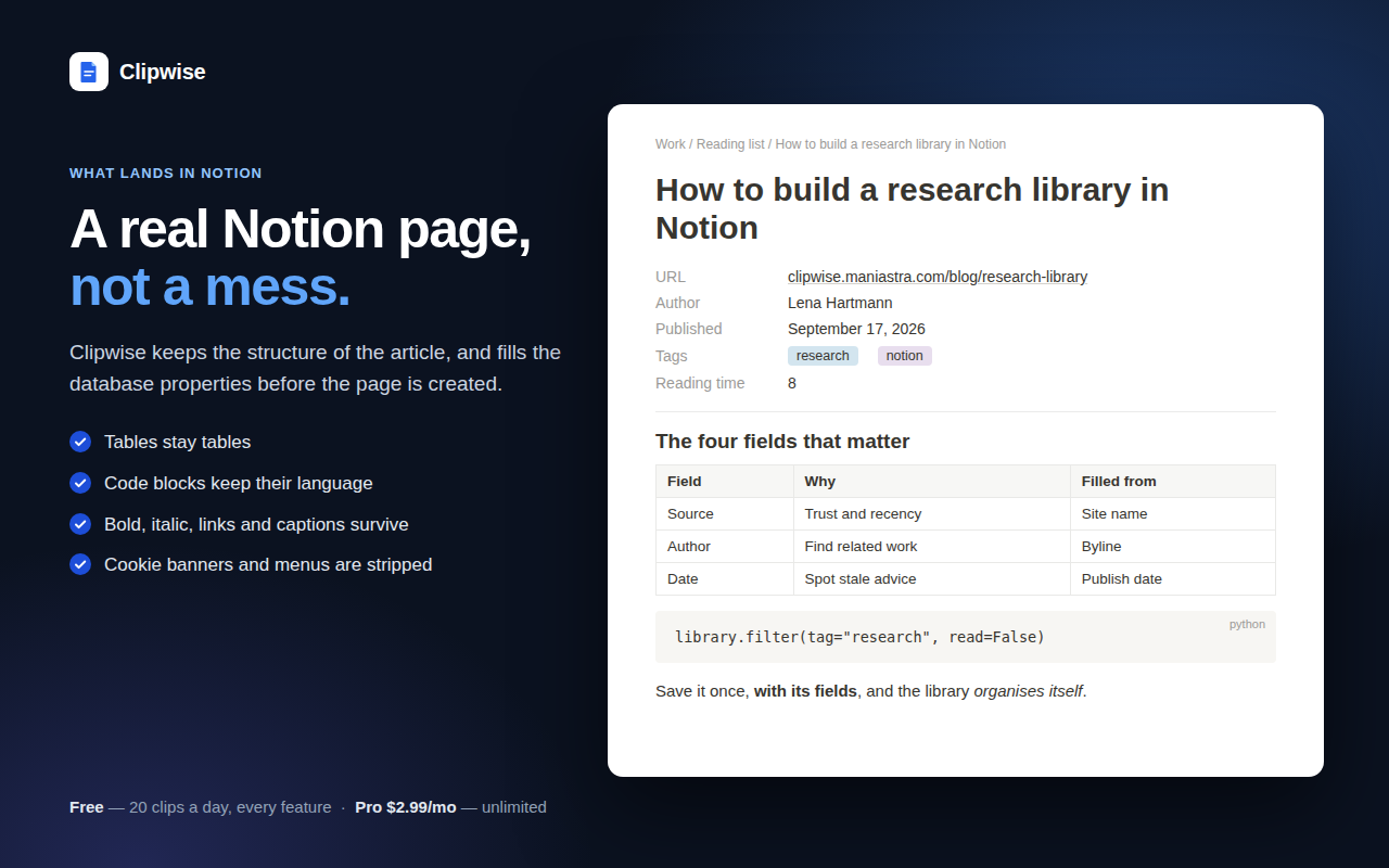 A clipped article in Notion with its table and code block intact